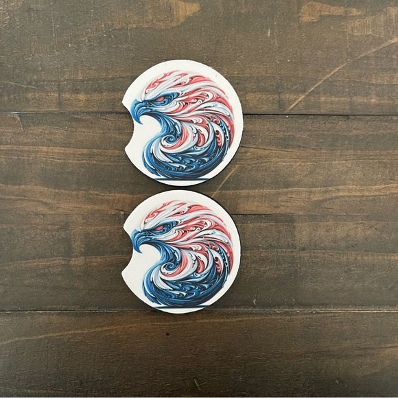 Red, White & Blue Swirl Eagle Car Coasters-Set of 2 - Picture 1 of 3